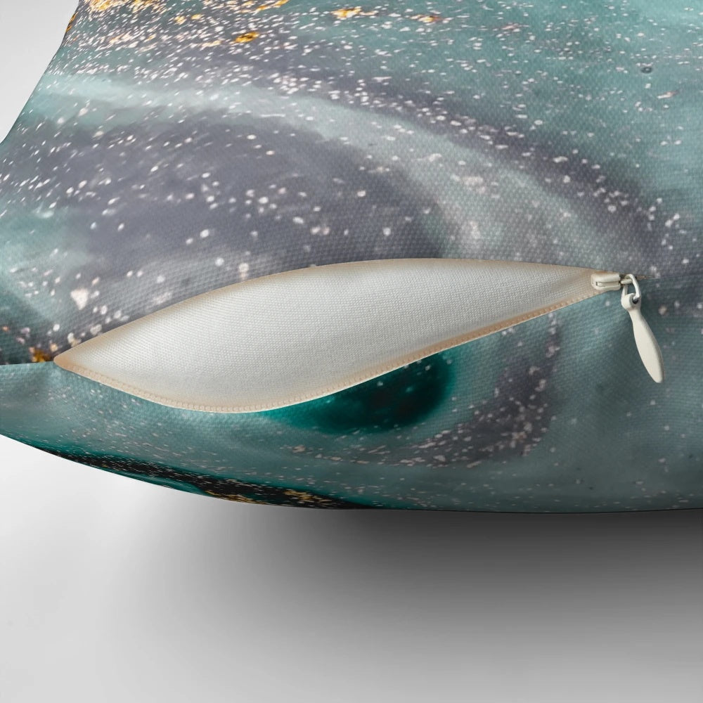 Turquoise and gold marble print decorative pillow with a modern, minimalist Scandinavian abstract design