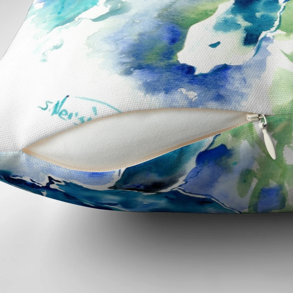 Turquoise blue pillow with a vibrant sea turtle design