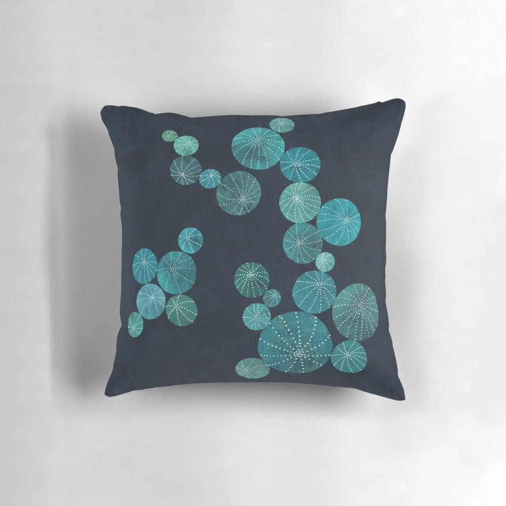 Turquoise cactus field botanical pillow with navy blue, indigo, and mint accents