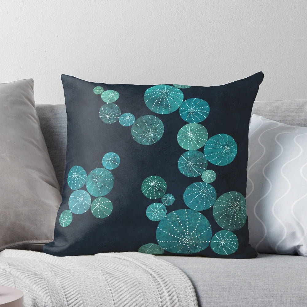 Turquoise cactus field botanical pillow with navy blue, indigo, and mint accents