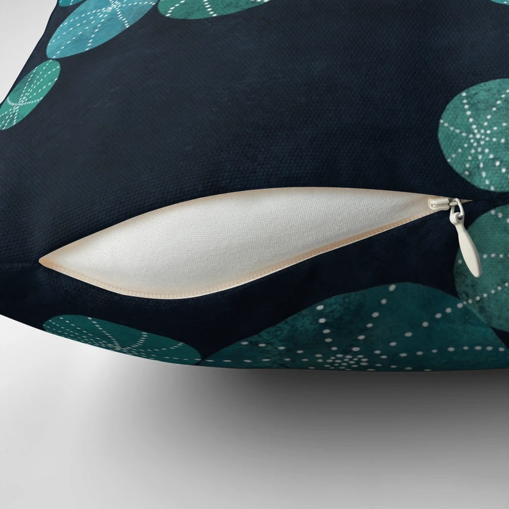 Turquoise cactus field botanical pillow with navy blue, indigo, and mint accents