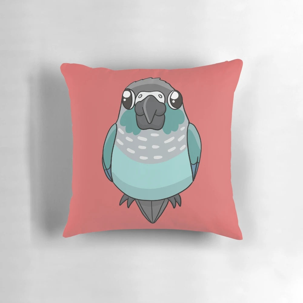 Soft and cuddly turquoise green cheek conure plush pillow, perfect for parrot enthusiasts and bird lovers.