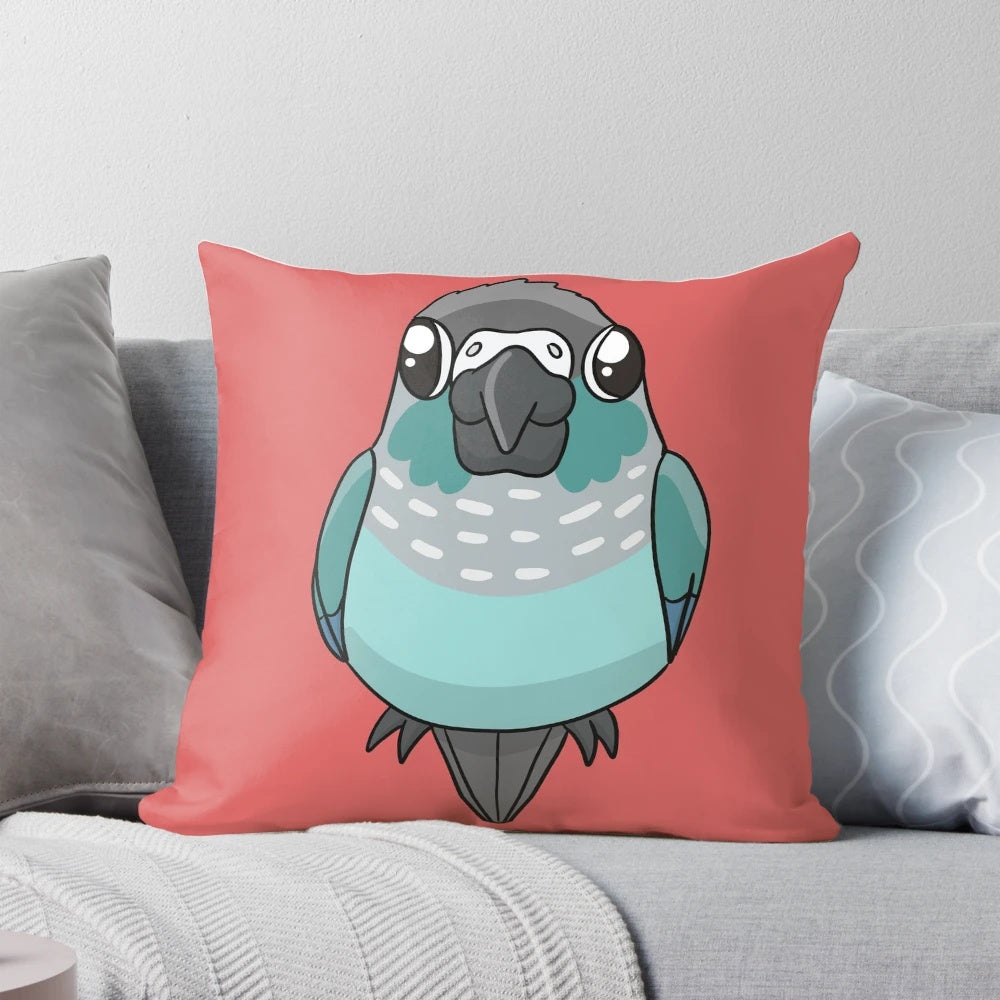 Soft and cuddly turquoise green cheek conure plush pillow, perfect for parrot enthusiasts and bird lovers.