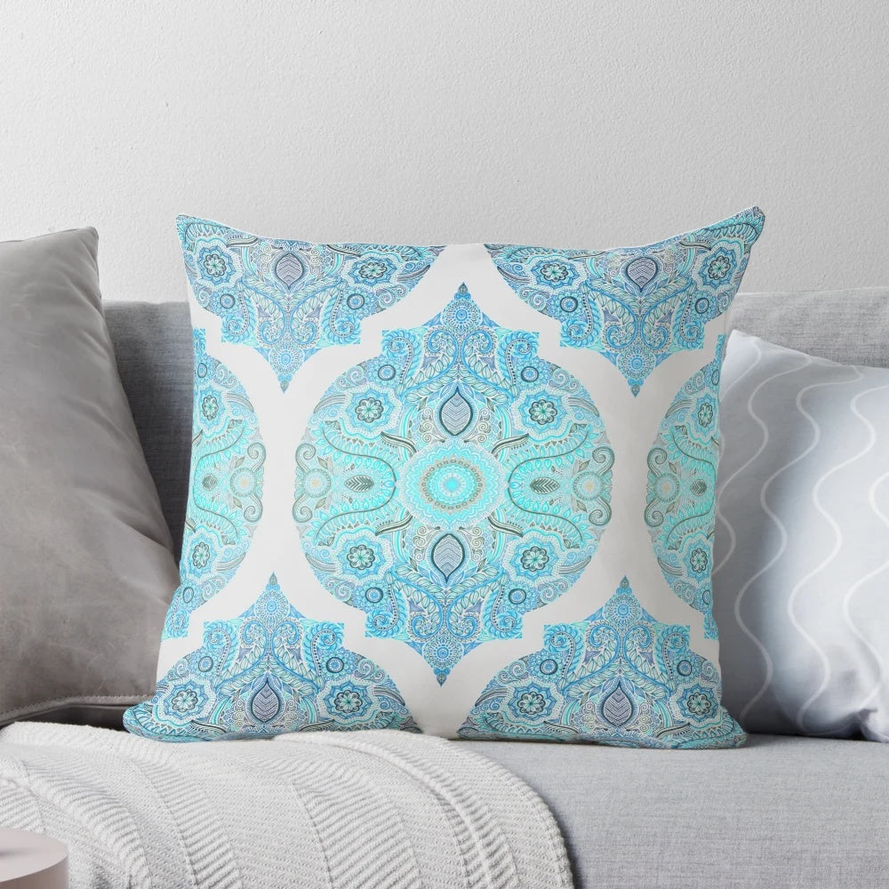 Turquoise and blue Moroccan pattern decorative throw pillow