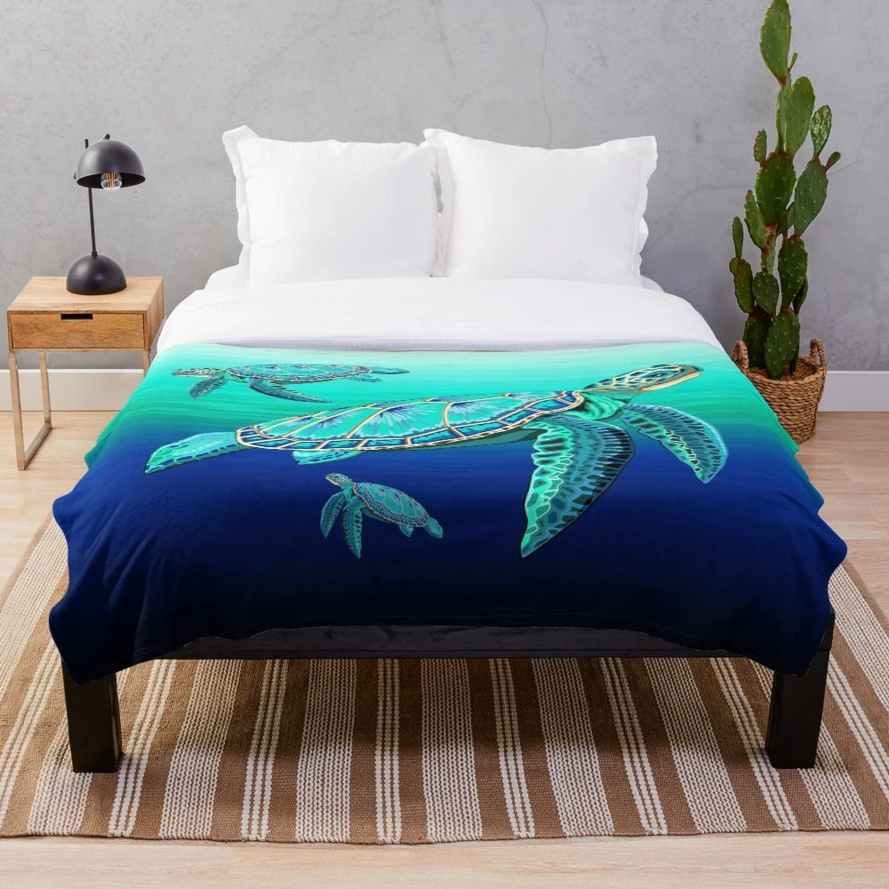Turquoise sea turtle plush blanket with ocean life design