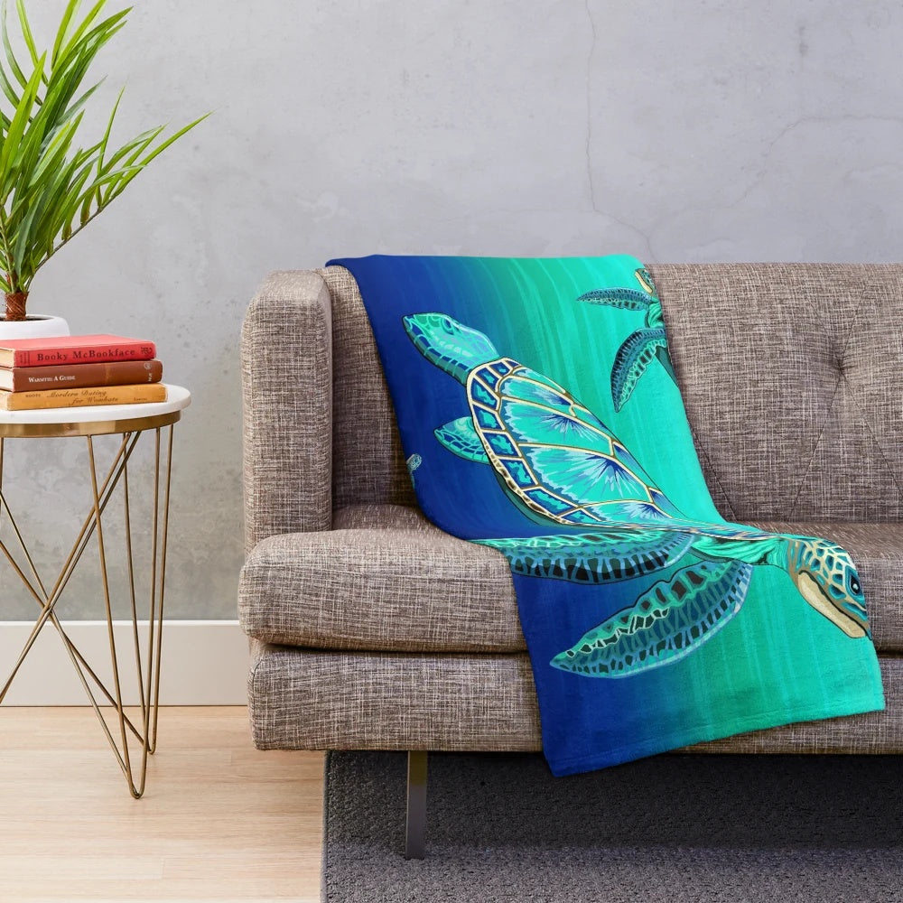 Turquoise sea turtle plush blanket with ocean life design
