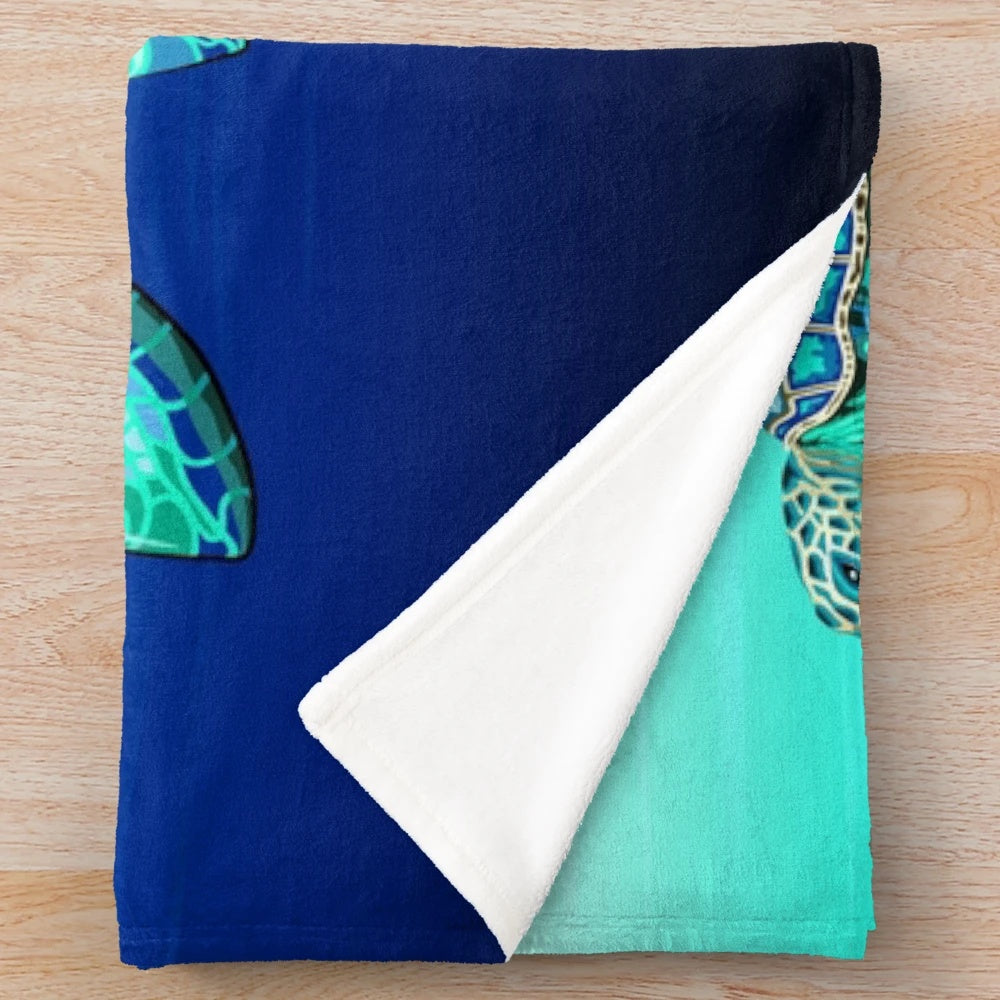 Turquoise sea turtle plush blanket with ocean life design