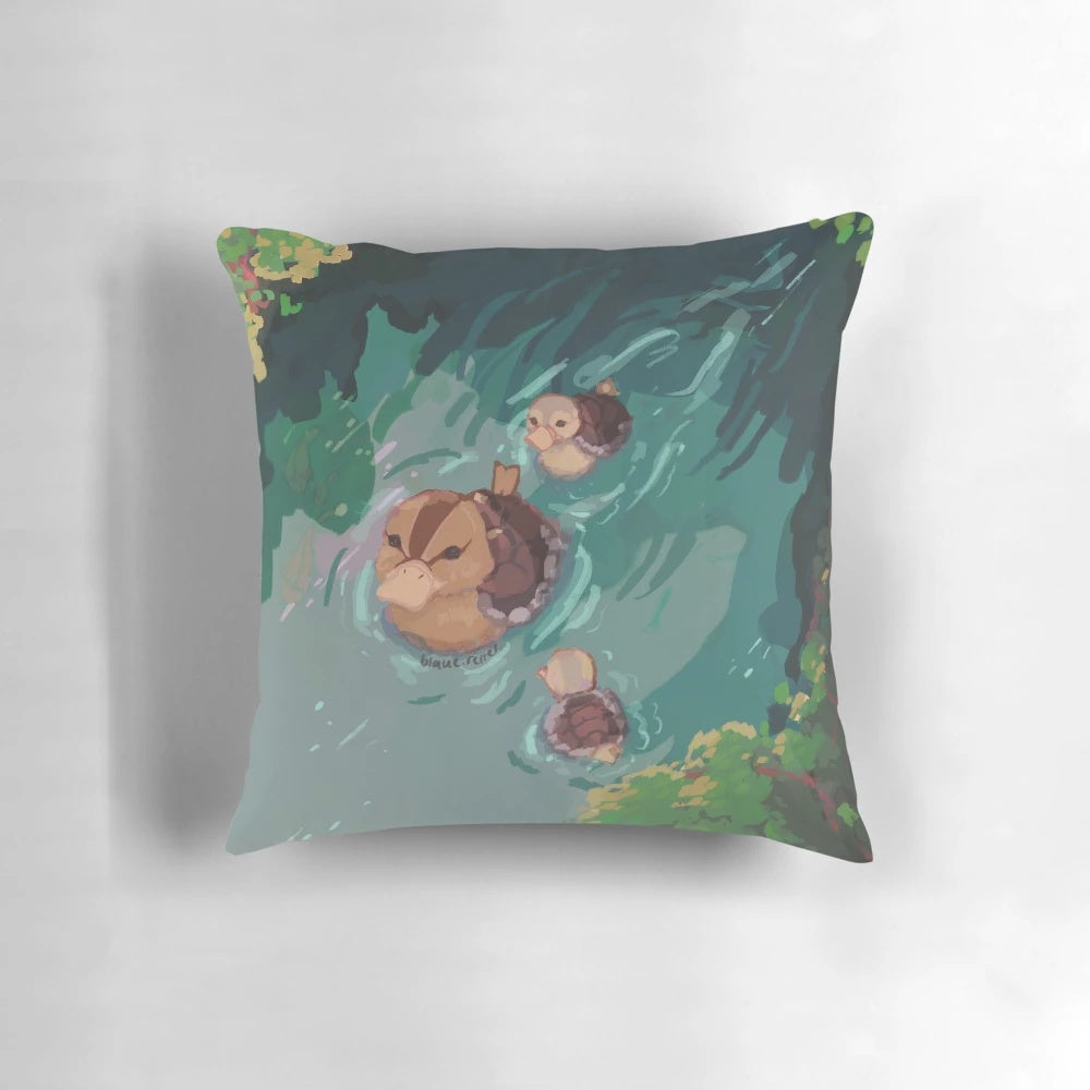 A soft, plush pillow featuring a turtleduck from the popular anime series Avatar The Last Airbender.