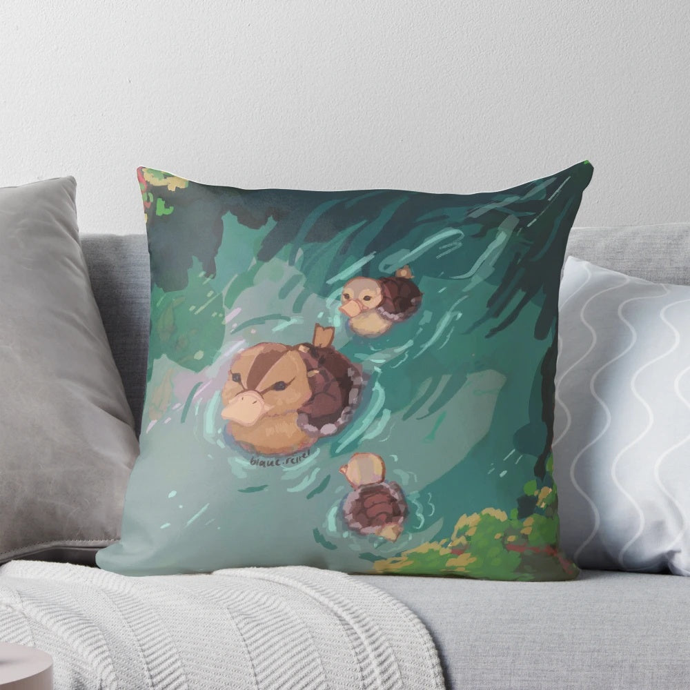 A soft, plush pillow featuring a turtleduck from the popular anime series Avatar The Last Airbender.
