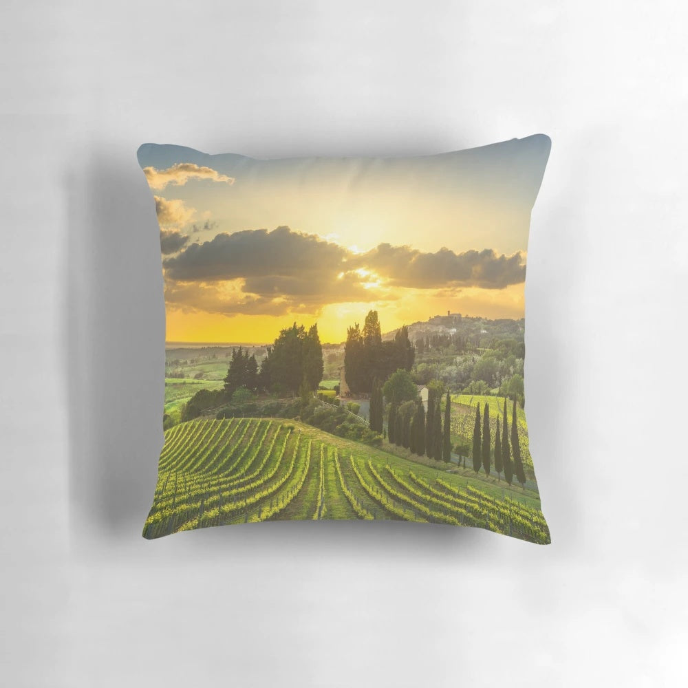 Pillow featuring a panoramic view of the vineyards and rolling hills of the Maremma region in Tuscany, Italy.
