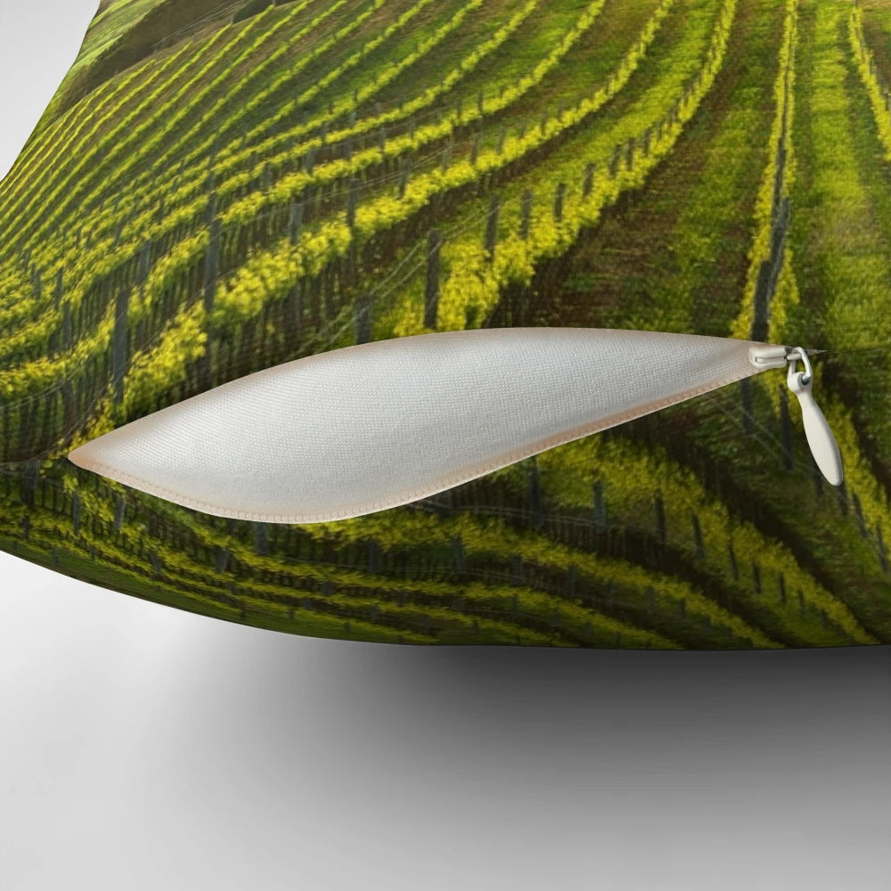 Pillow featuring a panoramic view of the vineyards and rolling hills of the Maremma region in Tuscany, Italy.