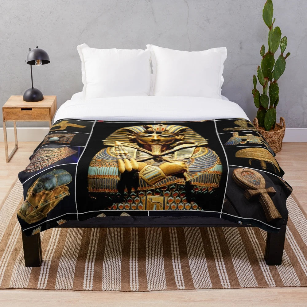Plush blanket featuring Tutankhamun artifacts and ancient Egyptian design