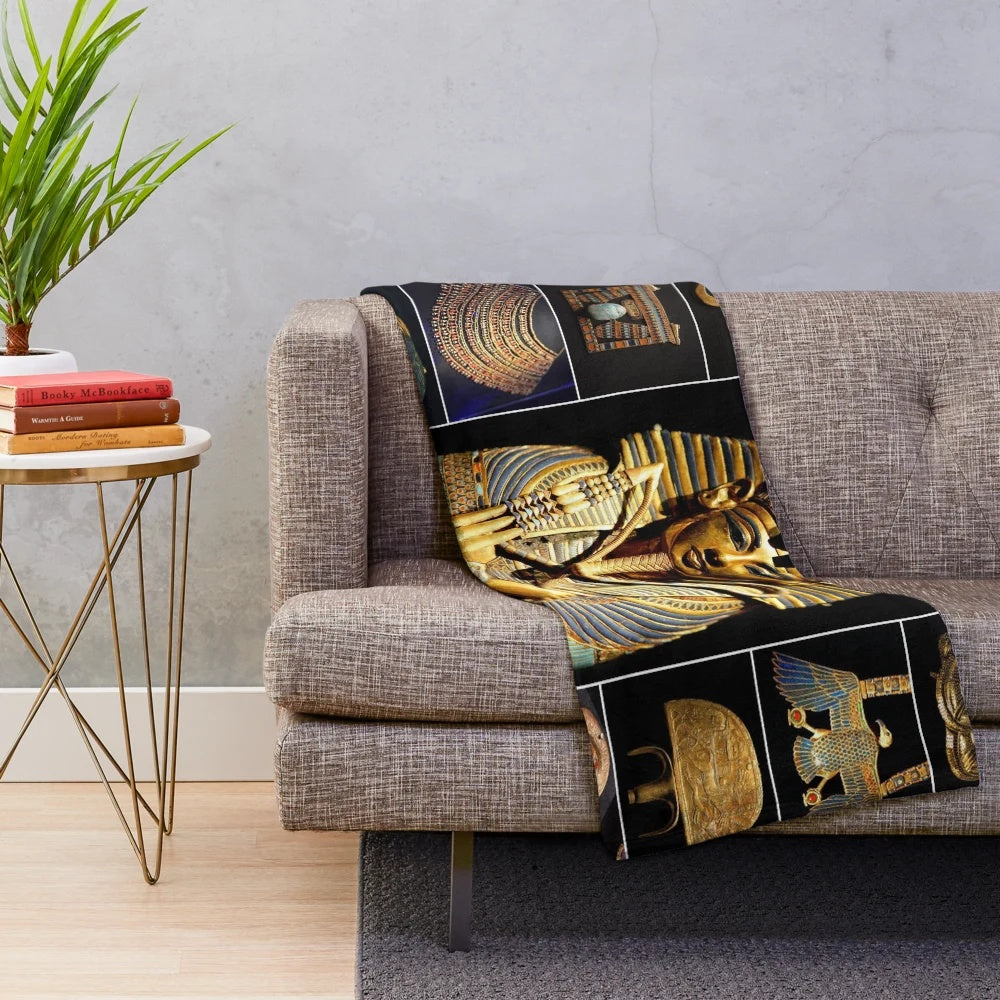Plush blanket featuring Tutankhamun artifacts and ancient Egyptian design