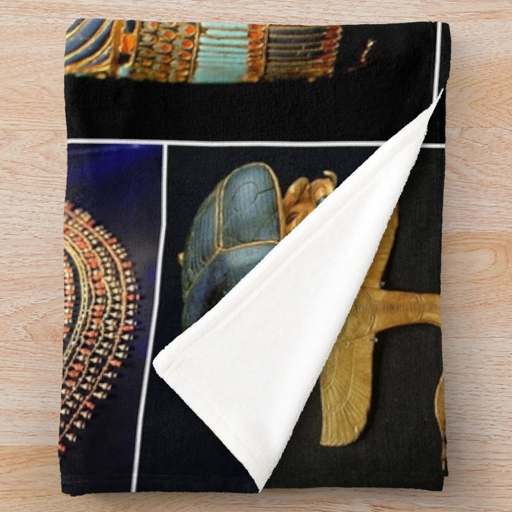 Plush blanket featuring Tutankhamun artifacts and ancient Egyptian design