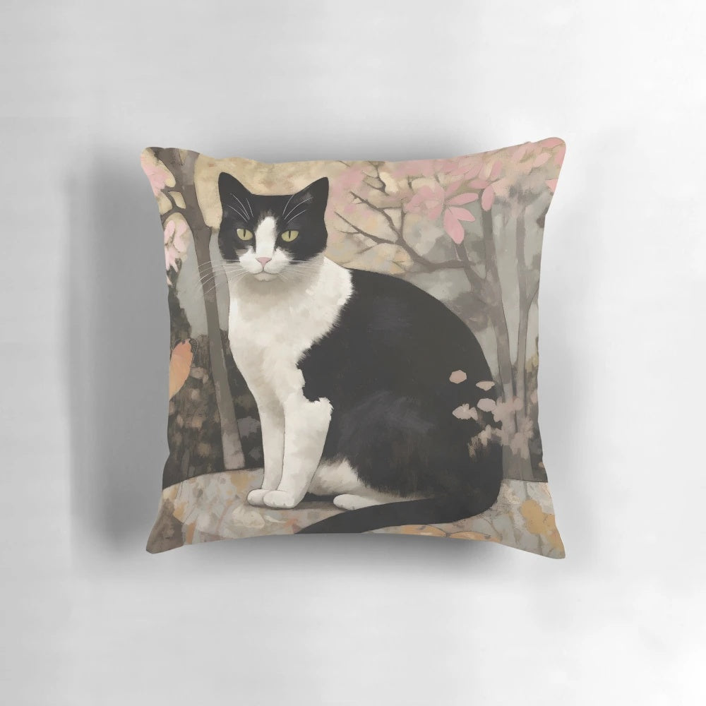 Soft, watercolor-style pillow featuring a tuxedo cat perched on a rock in a forested setting