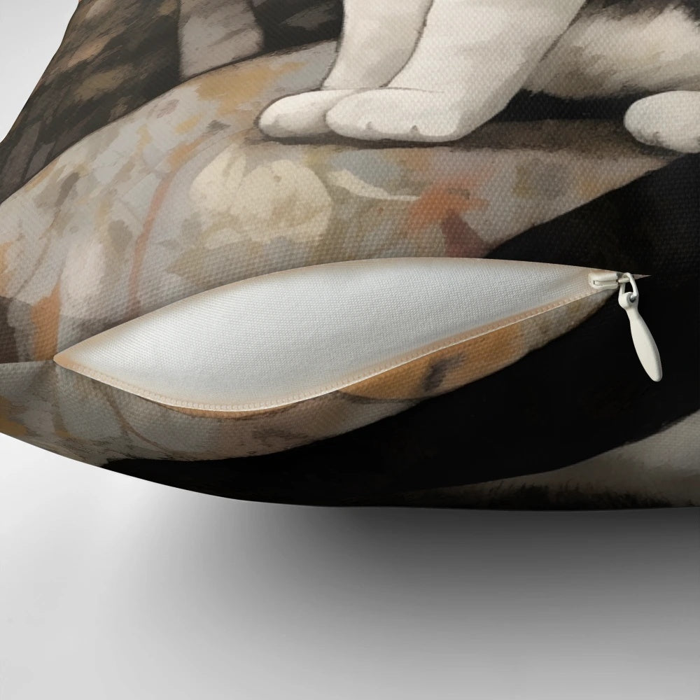Soft, watercolor-style pillow featuring a tuxedo cat perched on a rock in a forested setting
