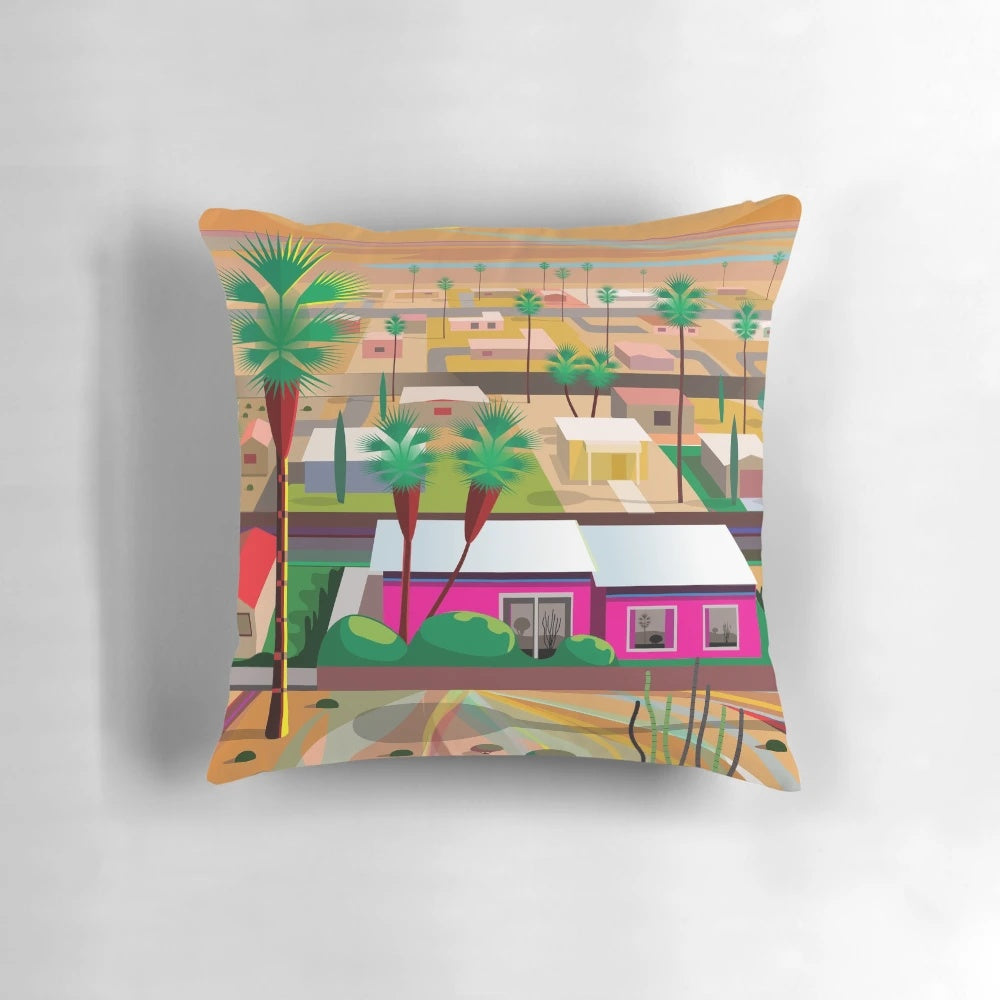 Twentynine Palms Desert Landscape Pillow featuring a scenic sunset and palm trees