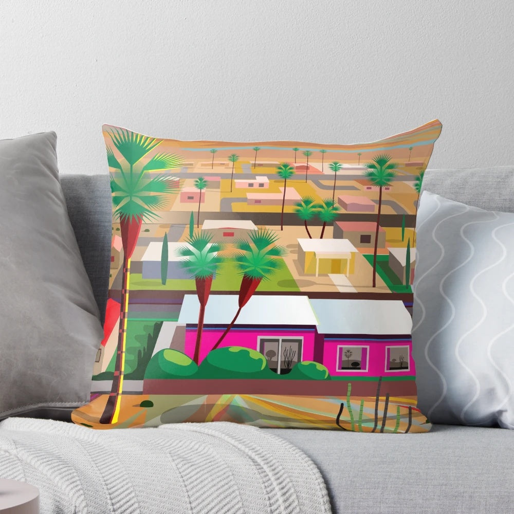 Twentynine Palms Desert Landscape Pillow featuring a scenic sunset and palm trees