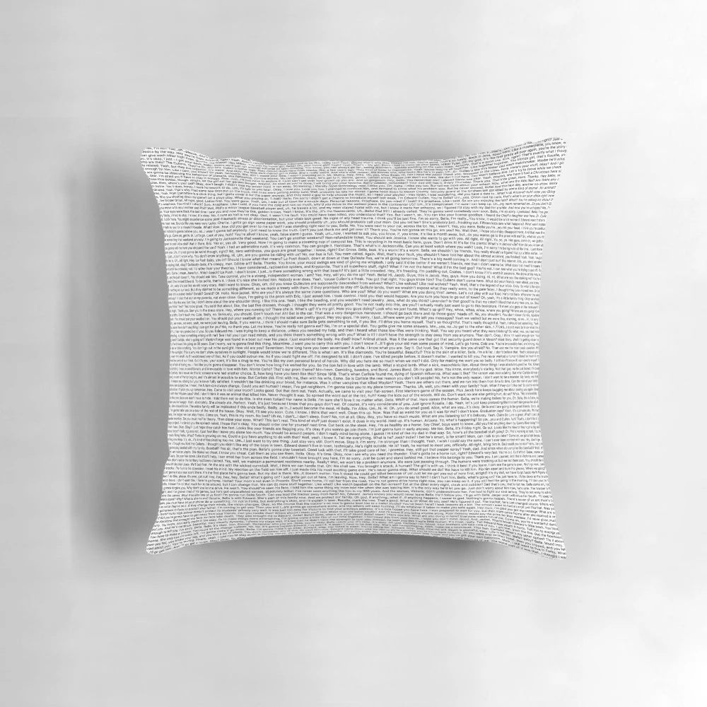 Twilight-themed decorative pillow with the entire movie script printed on it