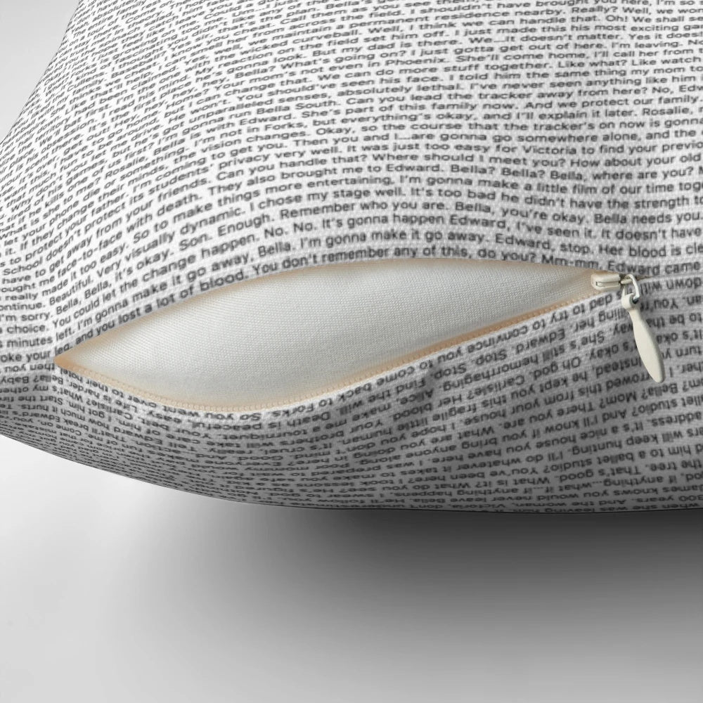 Twilight-themed decorative pillow with the entire movie script printed on it