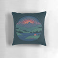 Twilight landscape pillow featuring a minimalist design of a lake and mountains at dusk
