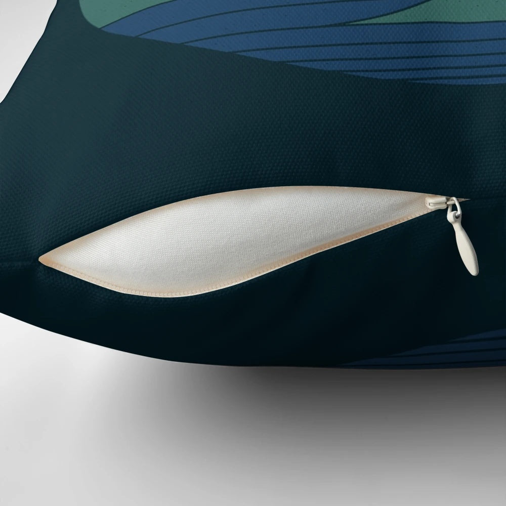 Twilight landscape pillow featuring a minimalist design of a lake and mountains at dusk