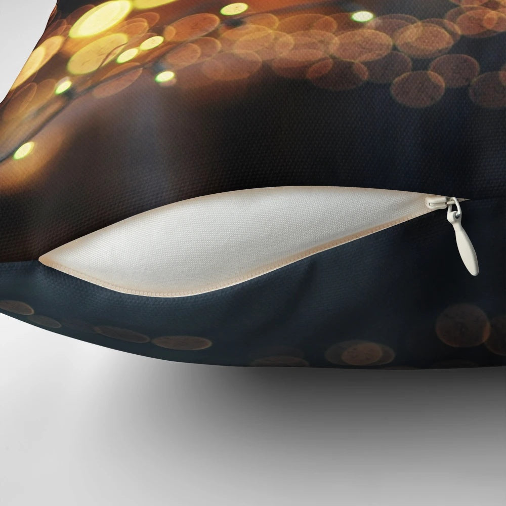 Cozy pillow with twinkling lights and bokeh effect, perfect for adding a romantic touch to any room.