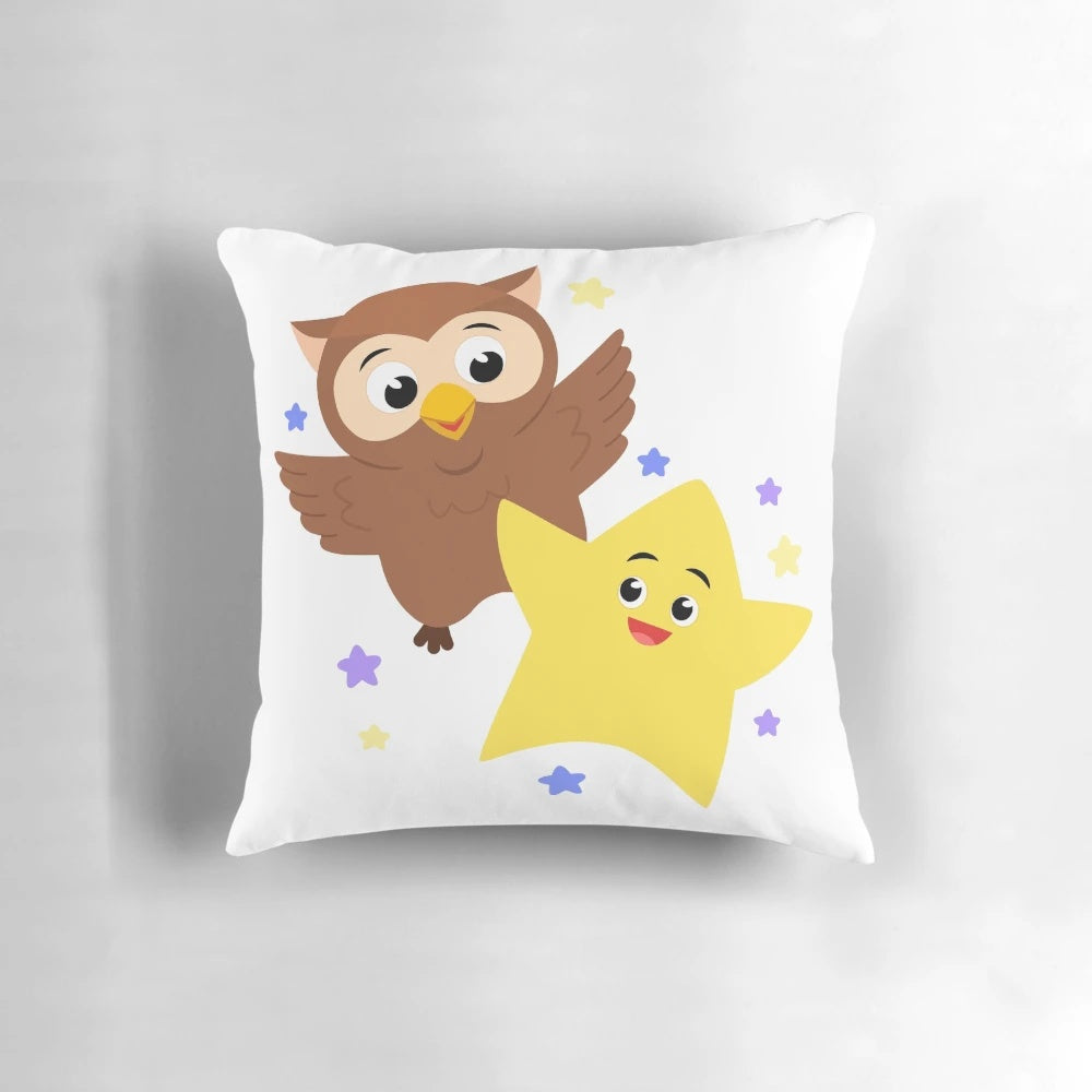 Soft, cozy pillow featuring a cute owl and twinkling stars design