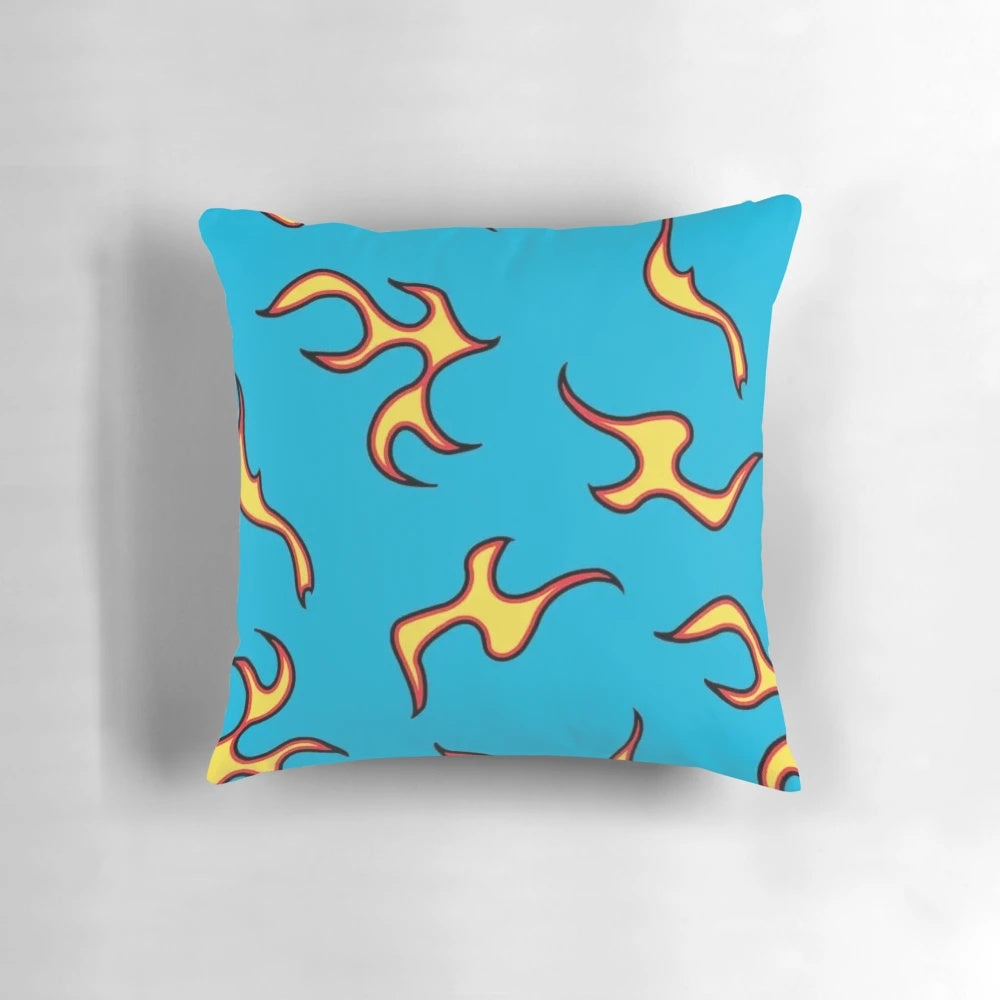 Vibrant and colorful Tyler the Creator Golf Le Fleur flames and lightning graphic printed on a soft, plush pillow.
