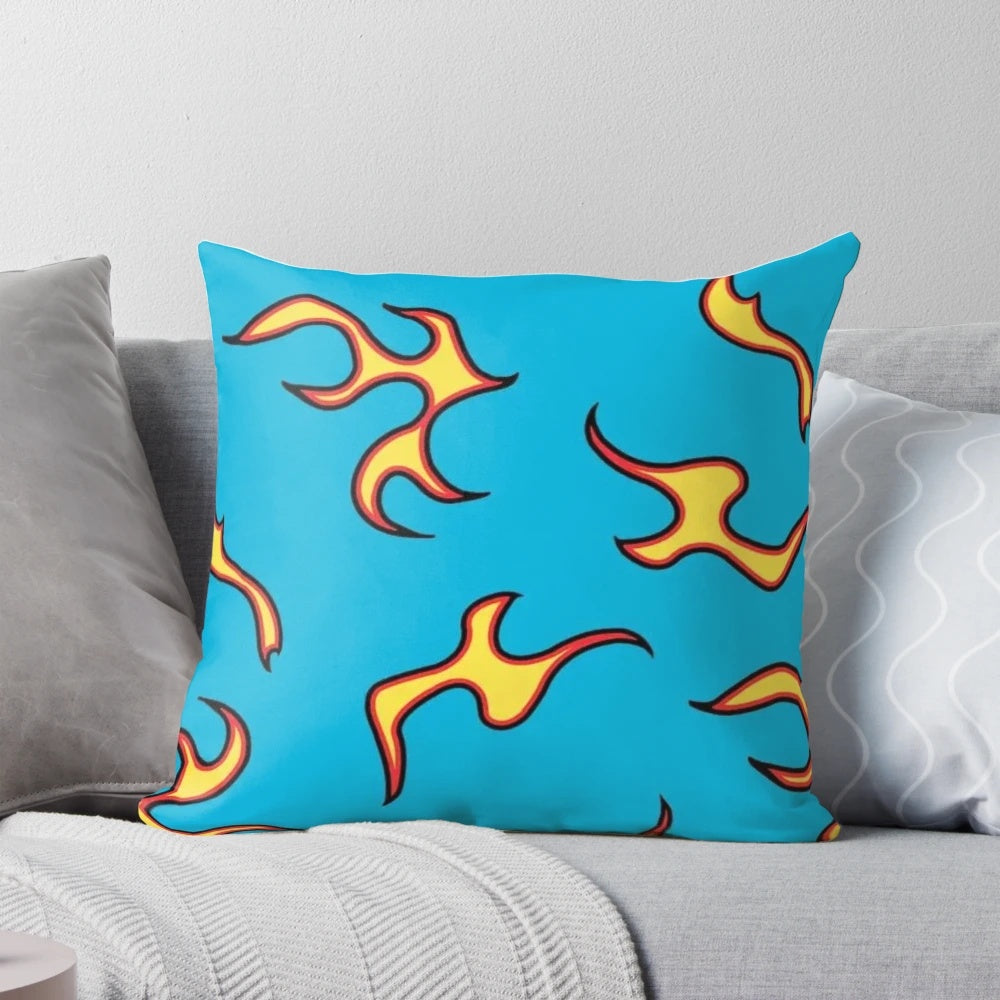 Vibrant and colorful Tyler the Creator Golf Le Fleur flames and lightning graphic printed on a soft, plush pillow.