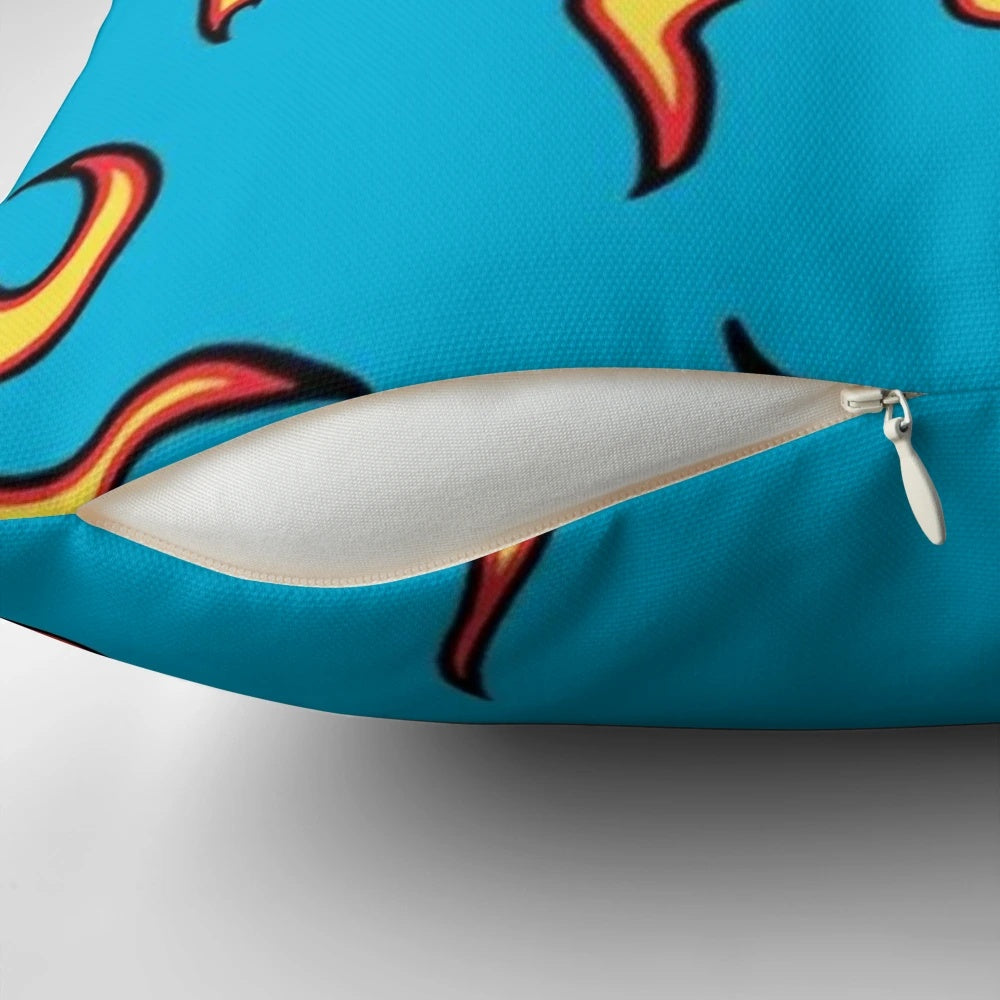 Vibrant and colorful Tyler the Creator Golf Le Fleur flames and lightning graphic printed on a soft, plush pillow.