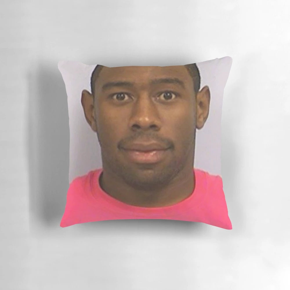 Tyler the Creator inspired throw pillow with mugshot design
