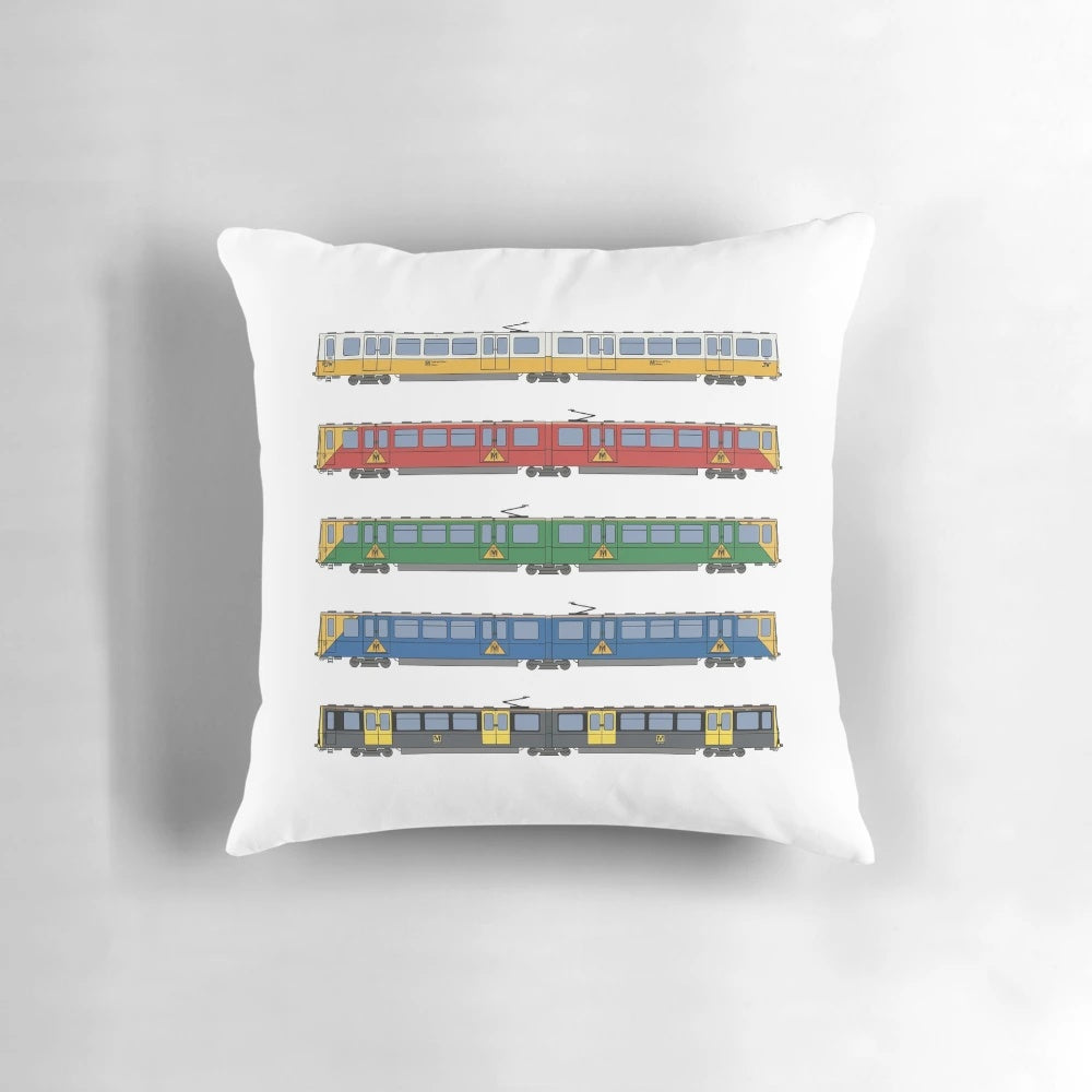 Tyne and Wear Metro Liveries Pillow featuring the different train liveries used on the Tyne and Wear Metro in the North East of England.