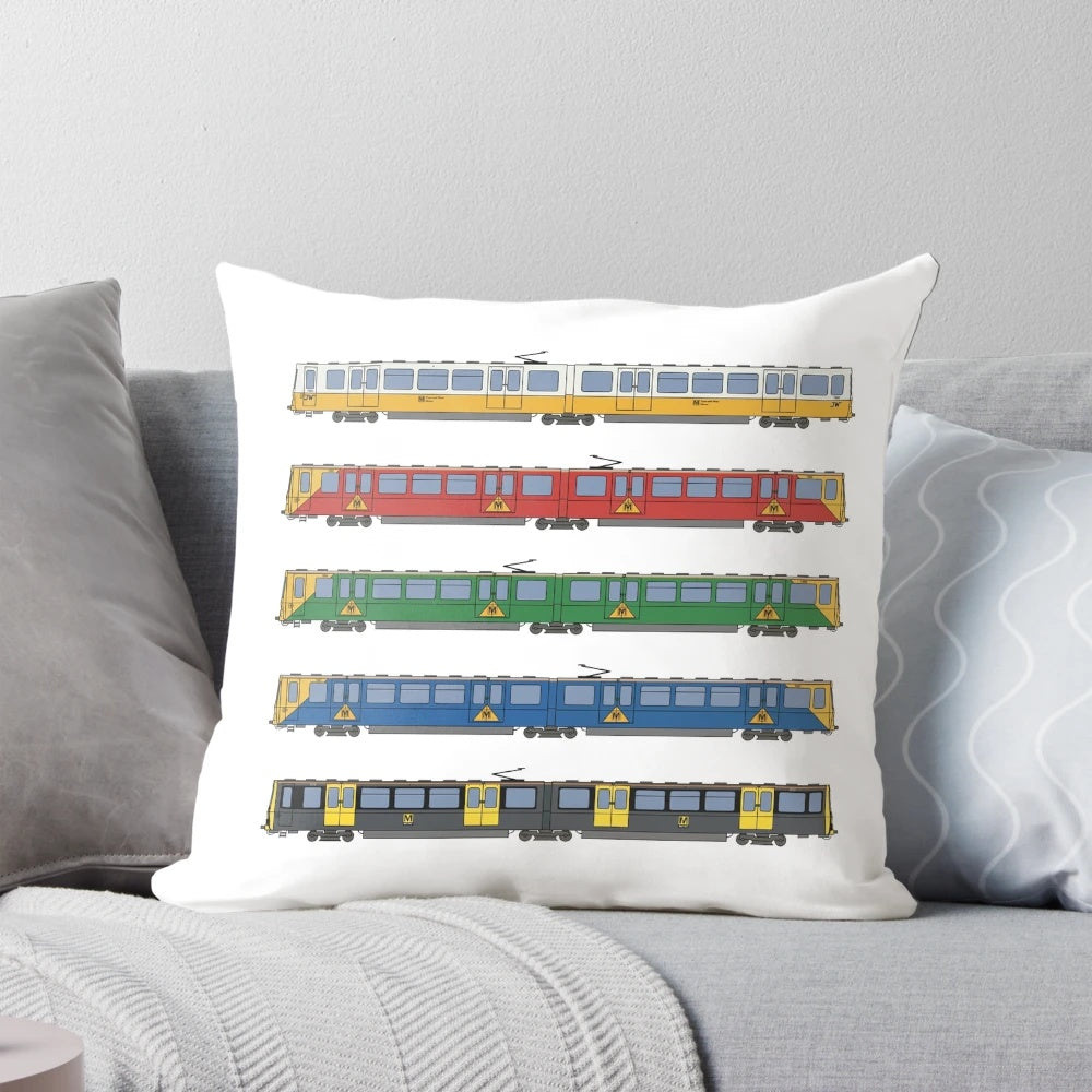 Tyne and Wear Metro Liveries Pillow featuring the different train liveries used on the Tyne and Wear Metro in the North East of England.
