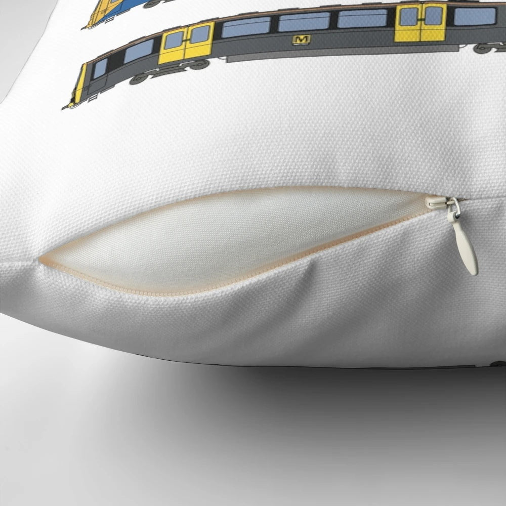 Tyne and Wear Metro Liveries Pillow featuring the different train liveries used on the Tyne and Wear Metro in the North East of England.