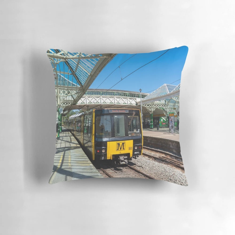 Tynemouth Metro Train Station Pillow featuring the iconic glass roof and yellow train