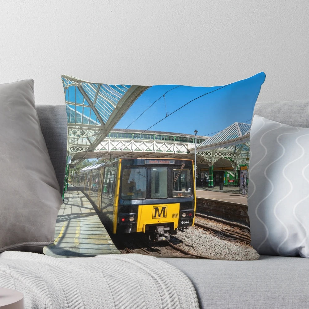 Tynemouth Metro Train Station Pillow featuring the iconic glass roof and yellow train