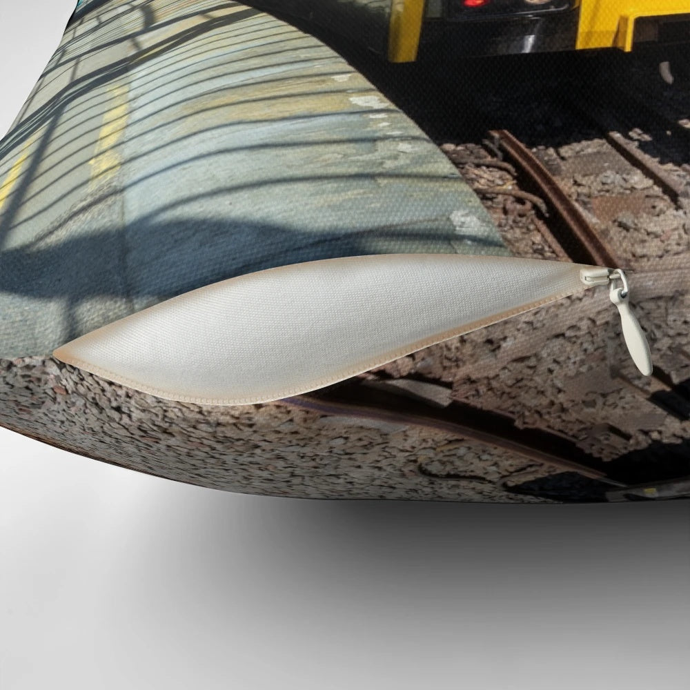 Tynemouth Metro Train Station Pillow featuring the iconic glass roof and yellow train