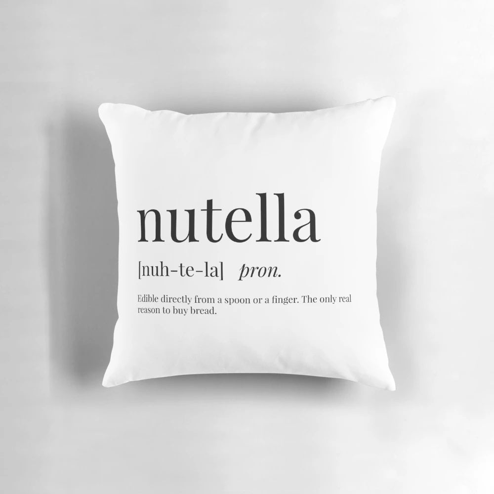 Nutella-inspired typographic decorative pillow featuring the definition of the word "Nutella"