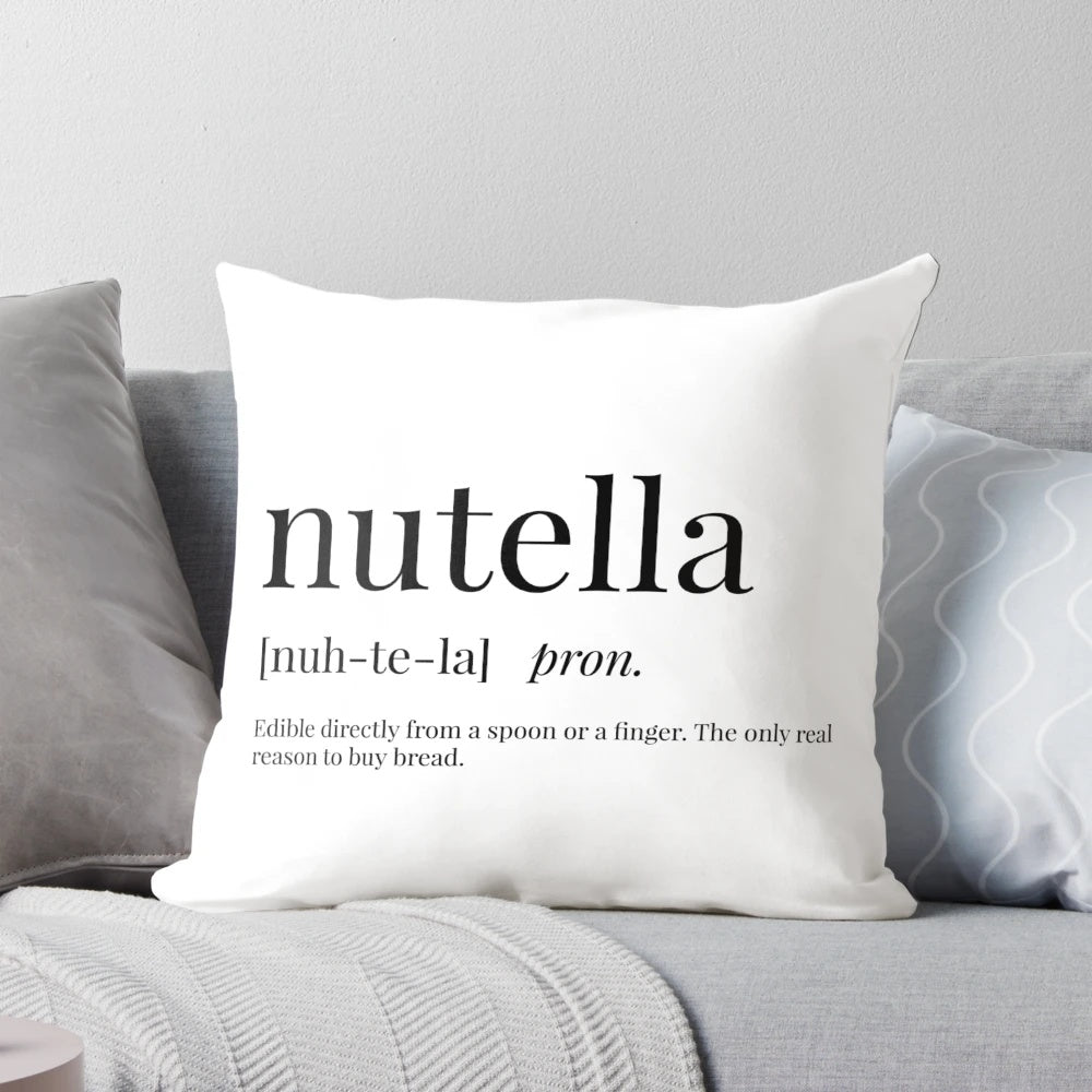 Nutella-inspired typographic decorative pillow featuring the definition of the word "Nutella"