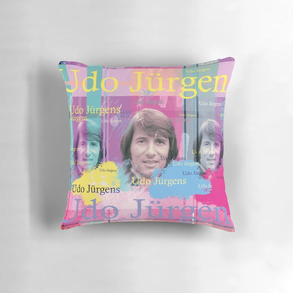 A colorful digital collage portrait pillow featuring the iconic German-Austrian singer and composer Udo Jurgens.