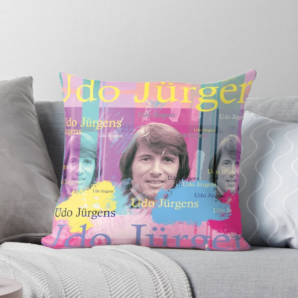 A colorful digital collage portrait pillow featuring the iconic German-Austrian singer and composer Udo Jurgens.
