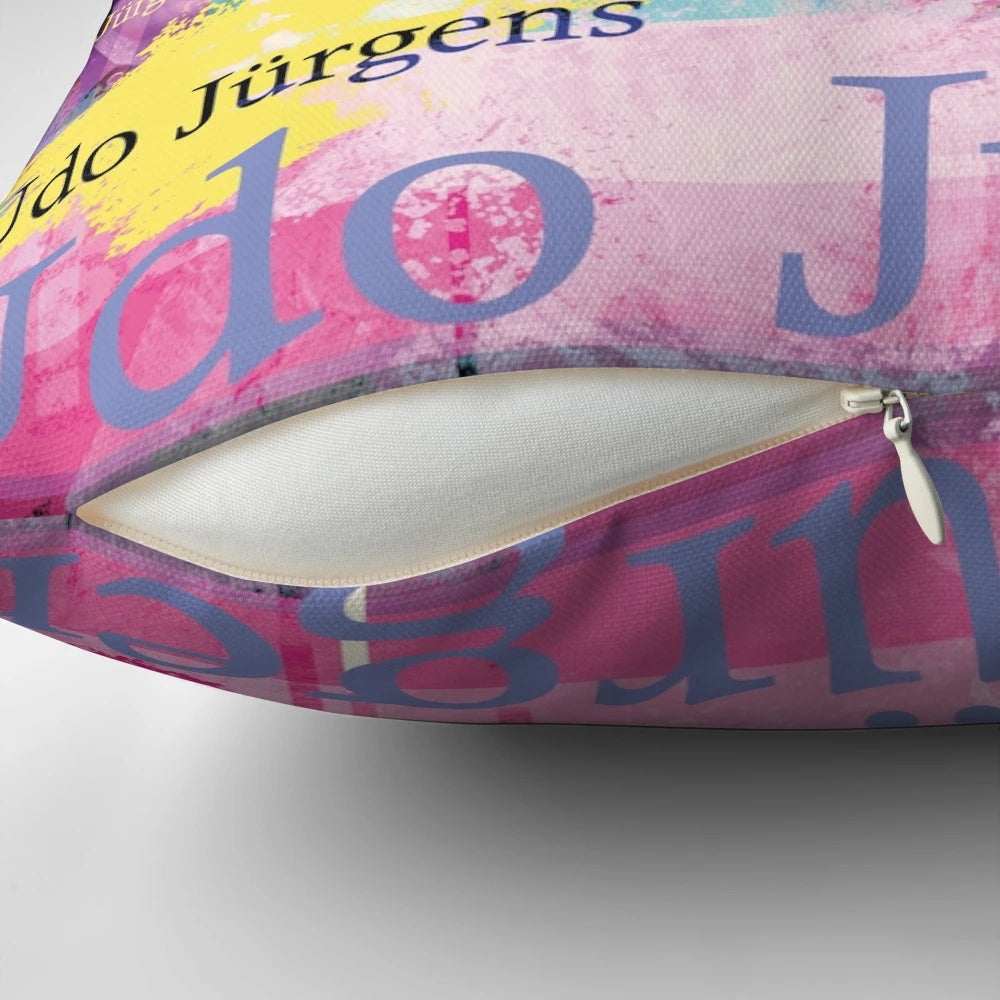 A colorful digital collage portrait pillow featuring the iconic German-Austrian singer and composer Udo Jurgens.