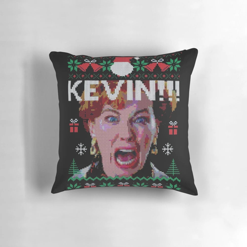 Cozy and humorous Home Alone-themed knit pillow featuring the iconic "filthy animals" quote