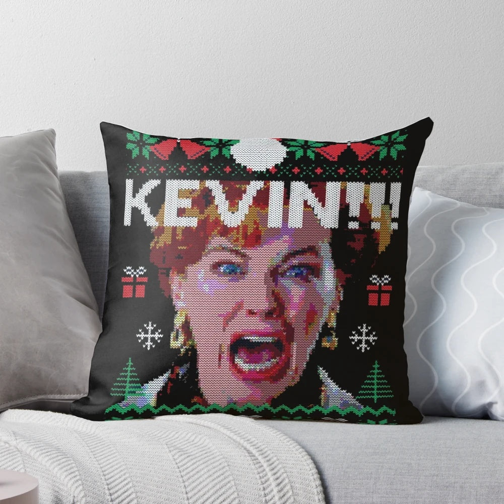 Cozy and humorous Home Alone-themed knit pillow featuring the iconic "filthy animals" quote