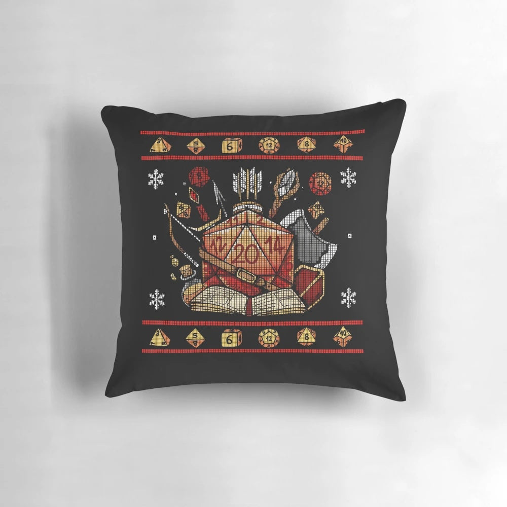 Ugly dice RPG-themed throw pillow with dice and holiday design