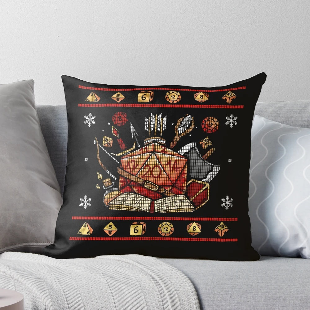 Ugly dice RPG-themed throw pillow with dice and holiday design