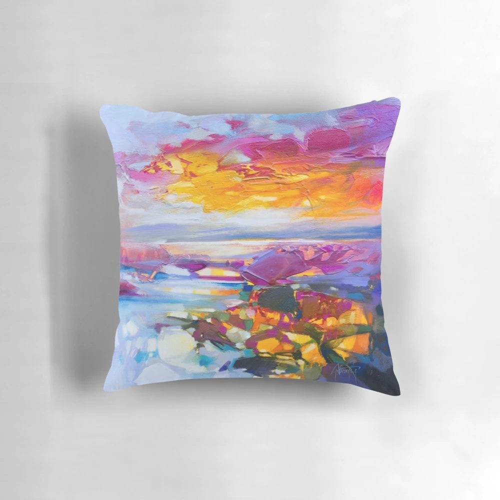 Uist Causeways 3 Pillow - Vibrant abstract art depicting a Scottish landscape with colorful skies