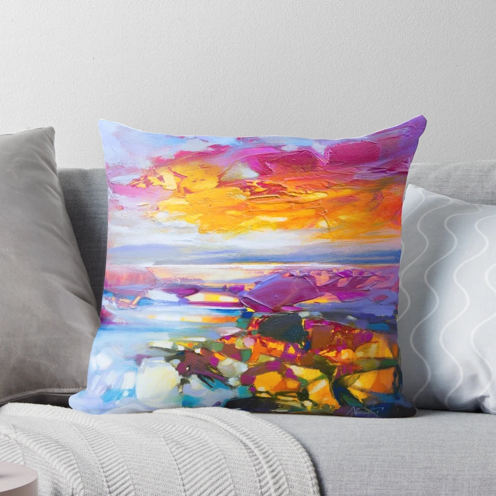 Uist Causeways 3 Pillow - Vibrant abstract art depicting a Scottish landscape with colorful skies