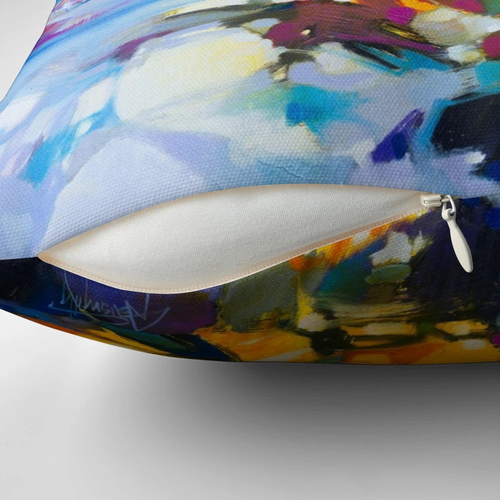 Uist Causeways 3 Pillow - Vibrant abstract art depicting a Scottish landscape with colorful skies